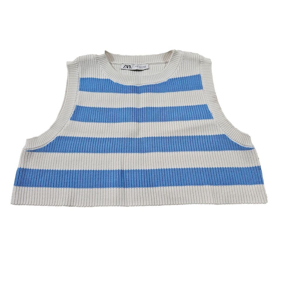 Zara Women's Blue Striped Ribbed Sleeveless Nautical Beachy Crop Top Sz M Preppy